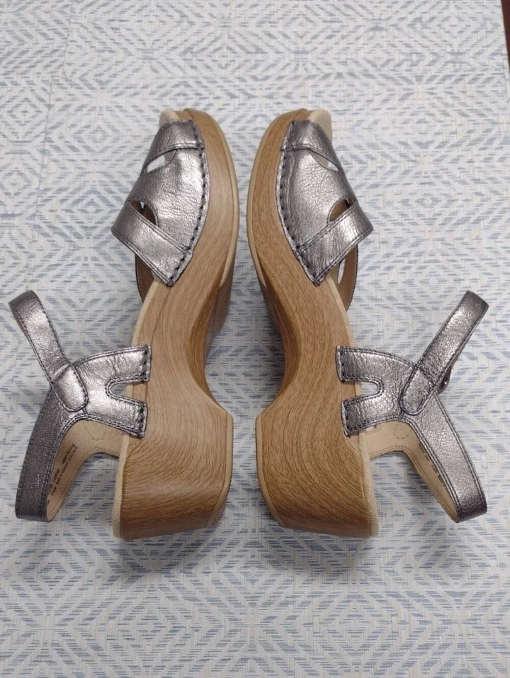 Dansko Silver Leather Wedge Sandals with Wood-Look Heel